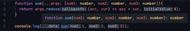 残余引数の名前。  という引数指定だと、 先頭からnum1, num2, num3という名前になっています